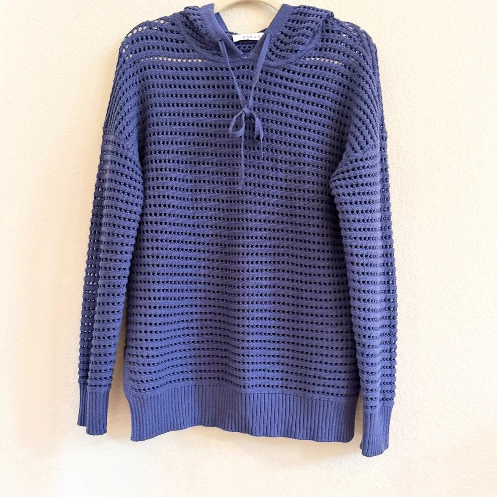 Kokun Womens Blue 100% Cotton Open Knit Crochet Hoodie Sweater Small Periwinkle